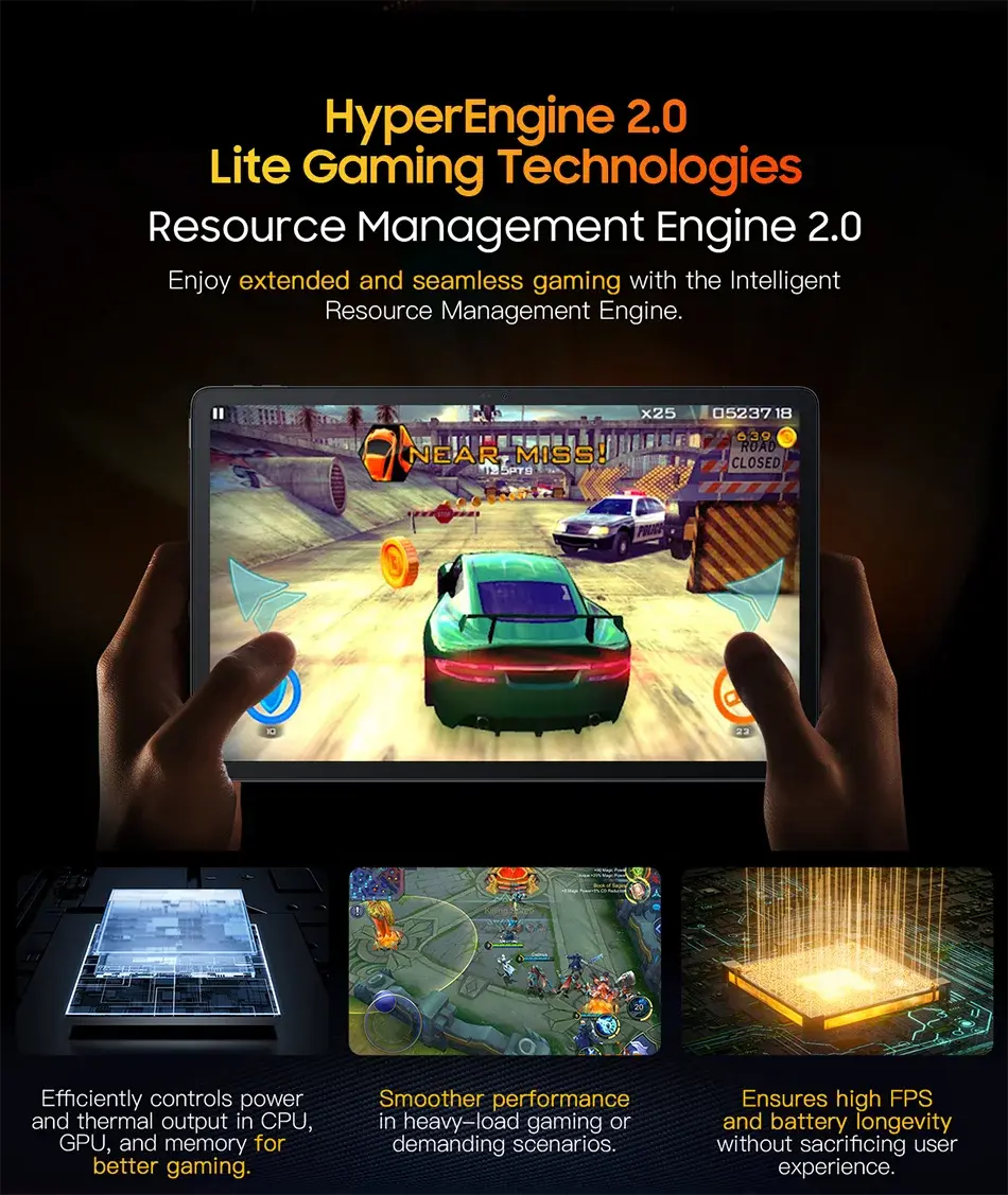 Blackview MEGA 1 Tablet showing gaming with HyperEngine 2.0 Lite Technology for seamless performance and efficient power management