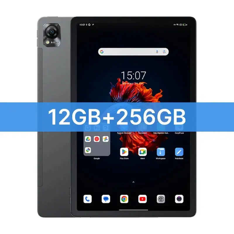 Blackview MEGA 1 Tablet with 11.5-inch 2.4K 120Hz display, 12GB RAM, 256GB storage, 50MP+13MP cameras, 8800mAh battery, and 33W fast charging.