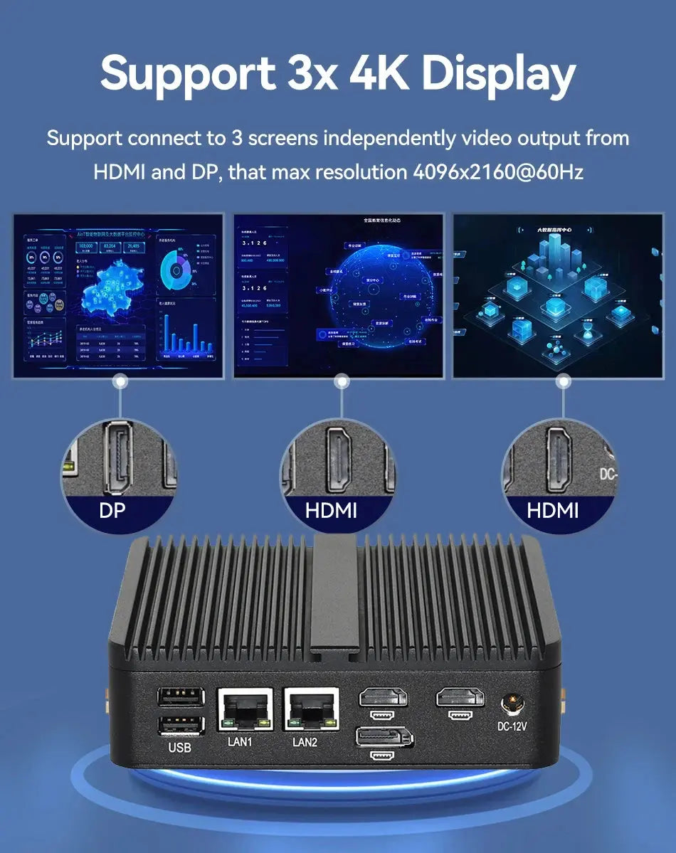 Fanless Industrial Mini PC Intel N150 Windows 10/11 Linux 2x COM RS232 2x Ethernet 6xUSB 2xHDMI 1xDP Support WiFi SIM 4G Modem - Mega Store