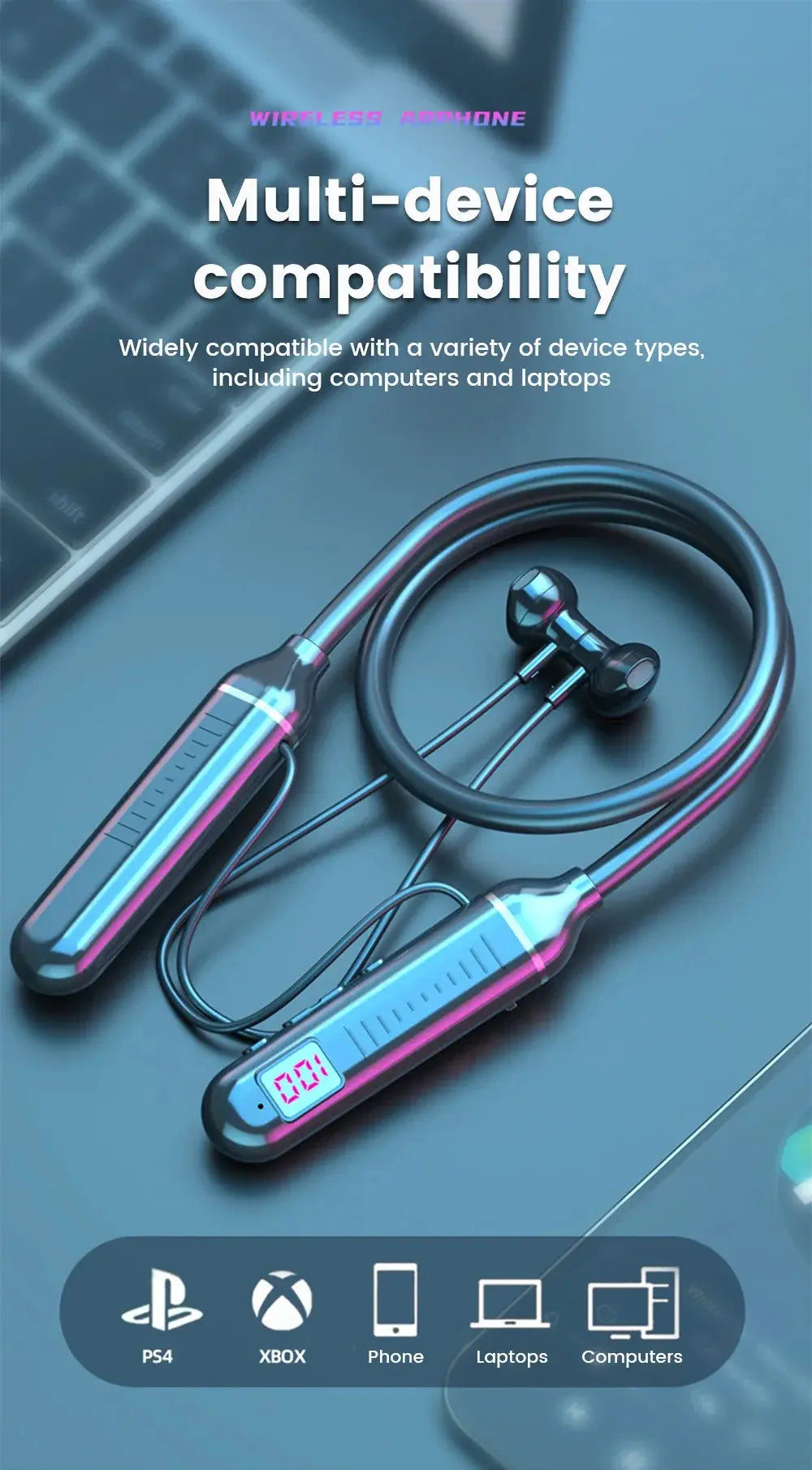 Wireless Earphones 5.3 Neckband Headphones Gaming LED Display Stereo Sports Headset Halter Waterproof Magnetic Earbuds Mega Store 4