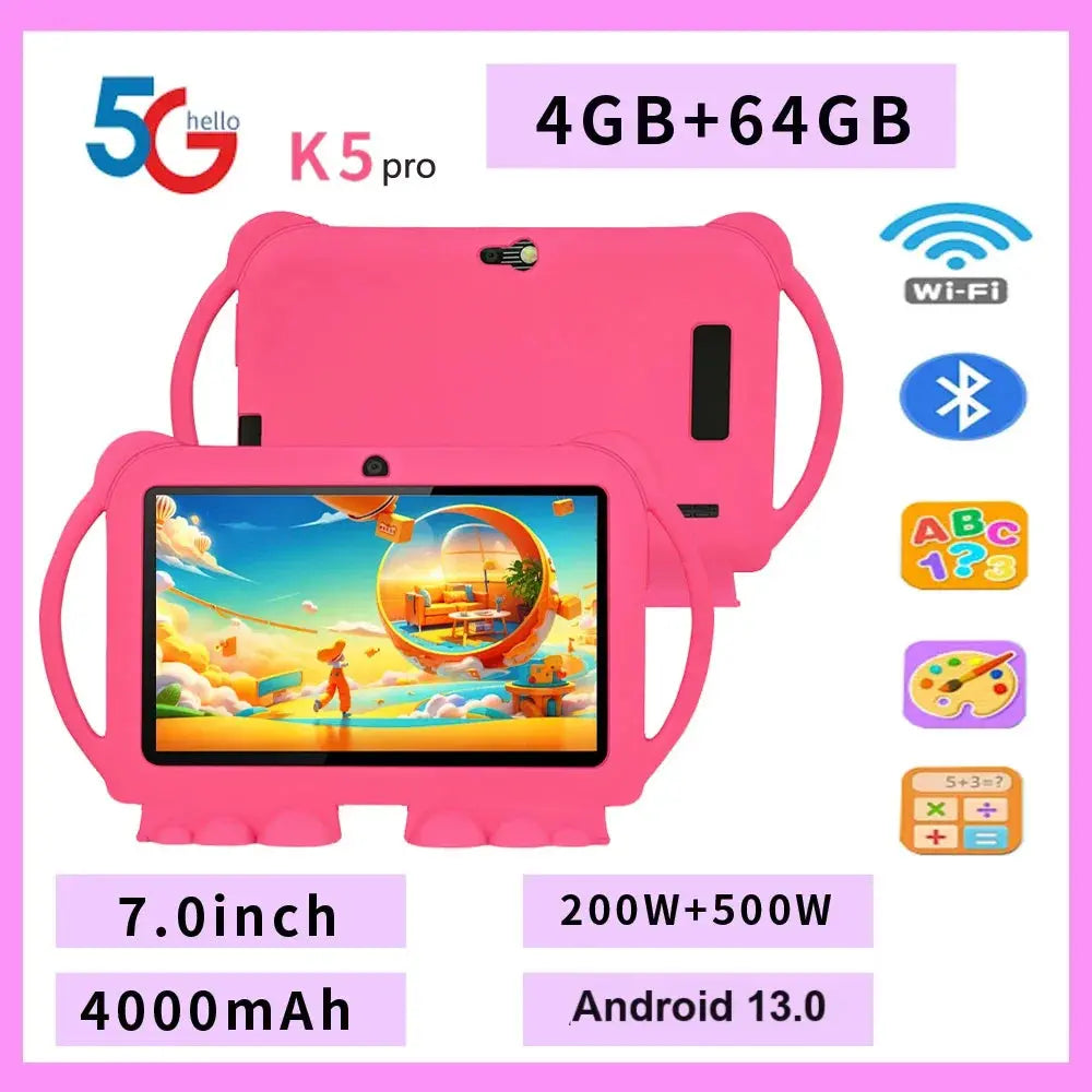 7-inch pink children's tablet with 4GB RAM, 64GB storage, dual cameras, 4000mAh battery, and Android 13.0