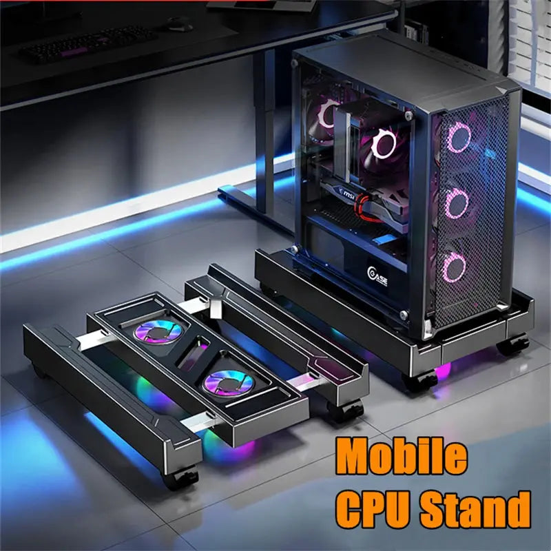 Mobile PC Tower Stand Adjustable Computer CPU Holder Telescopic Desktop Stand CPU Cart with RGB Cooling Fan Heat Dissipation Mega Store 4