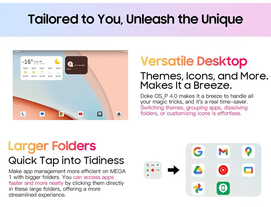 Blackview MEGA 1 Tablet versatile desktop with larger folders and customizable themes on 11.5 inch 2.4K 120Hz display