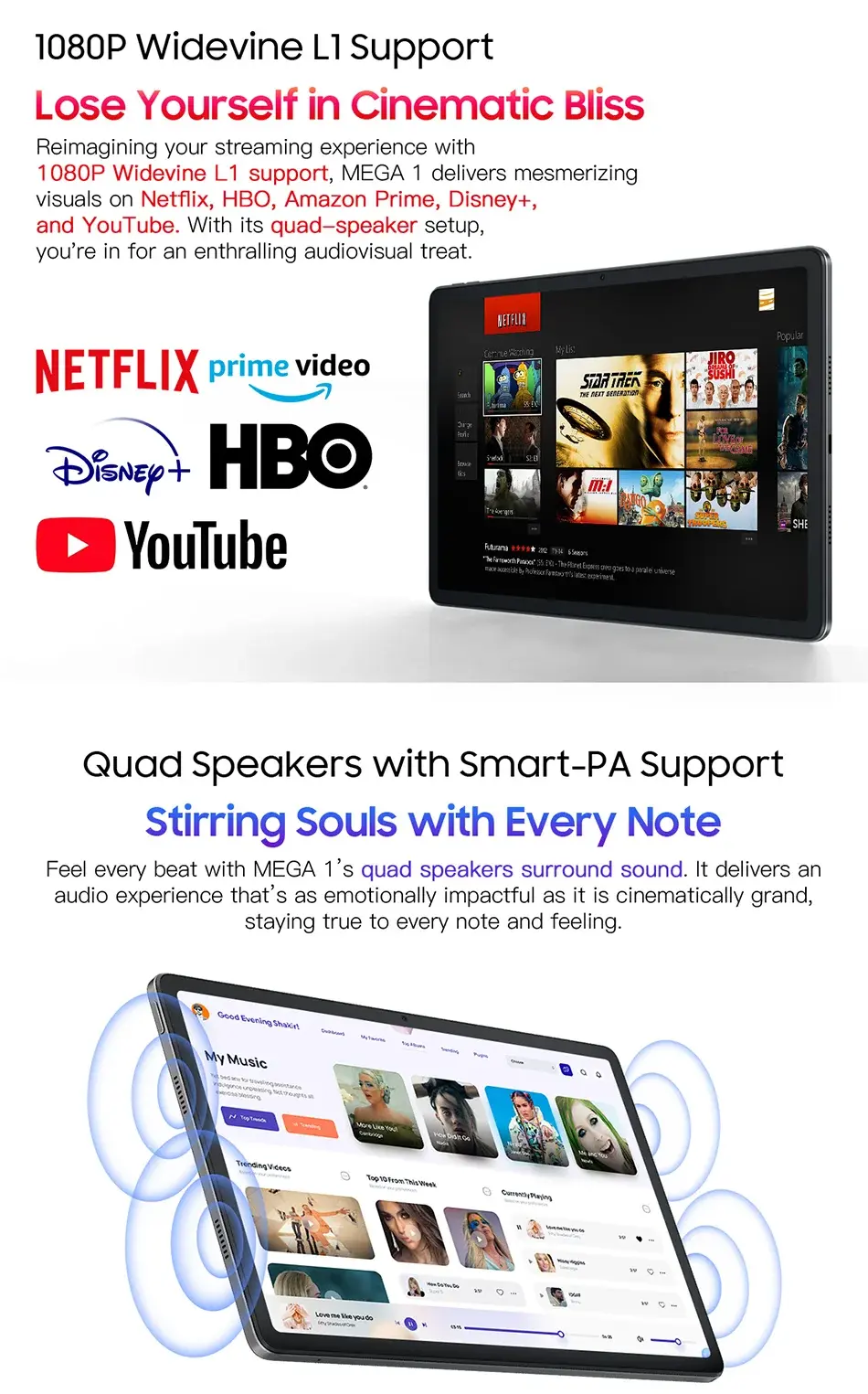 Blackview MEGA 1 Tablet 11.5 inch 2.4K display with 50MP rear camera, 13MP front camera, quad speakers, 1080P Widevine L1 support, and 33W fast charging.