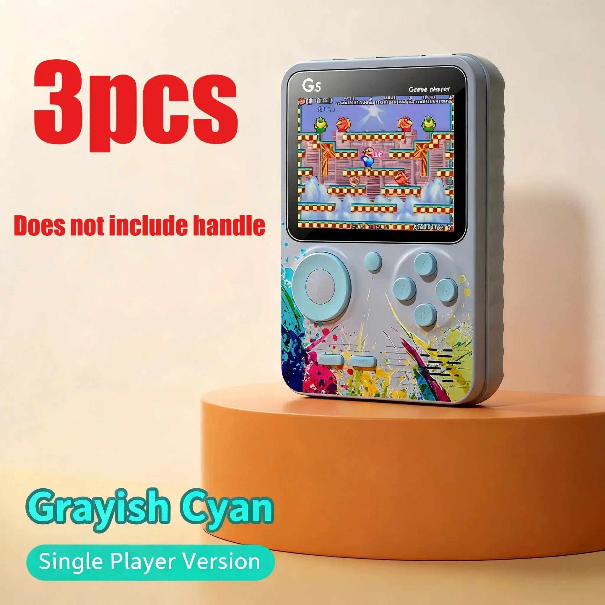 Mini handheld video game console 8-bit retro portable player with 3.0 inch color LCD, built-in 500 games, grayish cyan color, single player version.