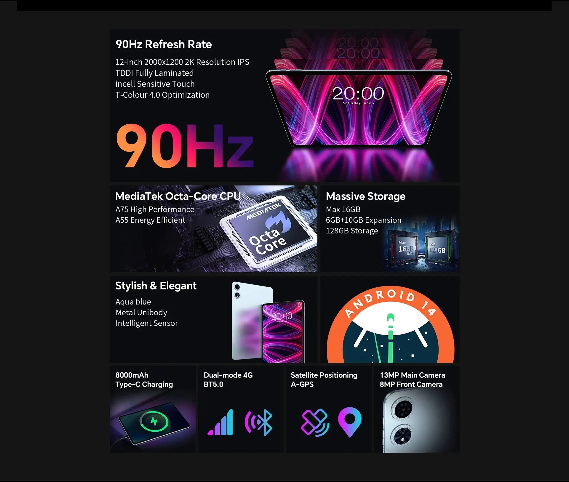 Teclast T60 Plus Tablets 12" 90Hz 2K Display Android 14 L1 MTK Helio G88 6GB/128GB 8000mAh Battery 4G LTE Global Version Tab2025 - Mega Store