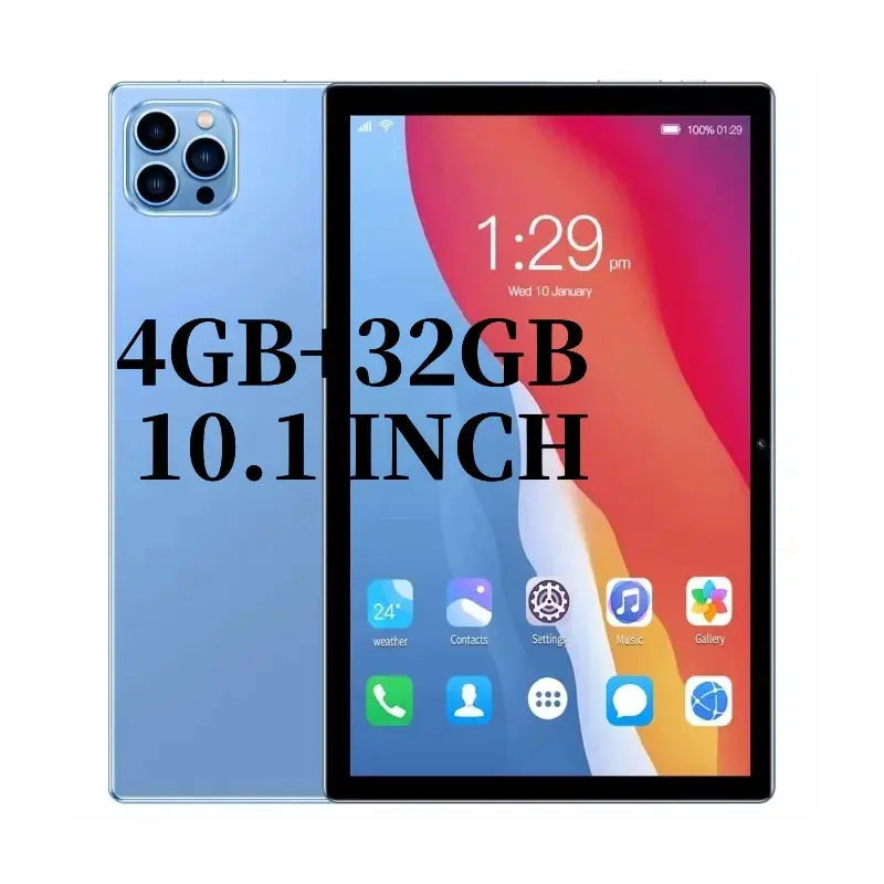 10.1 inch Android tablet PC with 4GB RAM, 32GB storage, dual cameras, and 4G LTE support