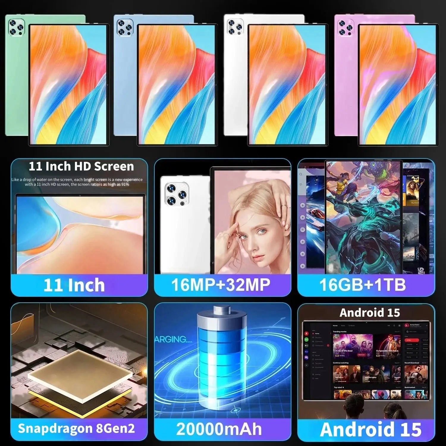 2025 Original PAD 15 Pro Tablet  Android 15 Snapdragon 8Gen2 11 Inch HD 16GB+1TB 20000mAh 5G Dual SIM Bluetooth WiFi Tables PC - Mega Store