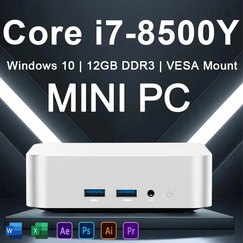 Compact Mini PC with Core i7-8500Y, Windows 10, 12GB DDR3, VESA mount, and dual USB 3.0 ports