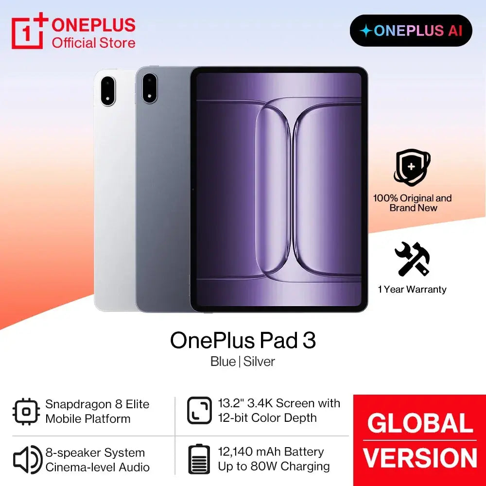 OnePlus Pad 3 tablet in blue and silver with Snapdragon 8 Elite, 13.2-inch 3.4K display, 8 speakers, 12,140mAh battery, and global version branding