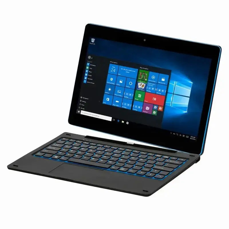 11.6 inch Windows 10 tablet PC with 2GB RAM, 64GB storage, quad-core Intel Atom processor, dual 2MP cameras, 9000mAh battery, WiFi, and detachable keyboard