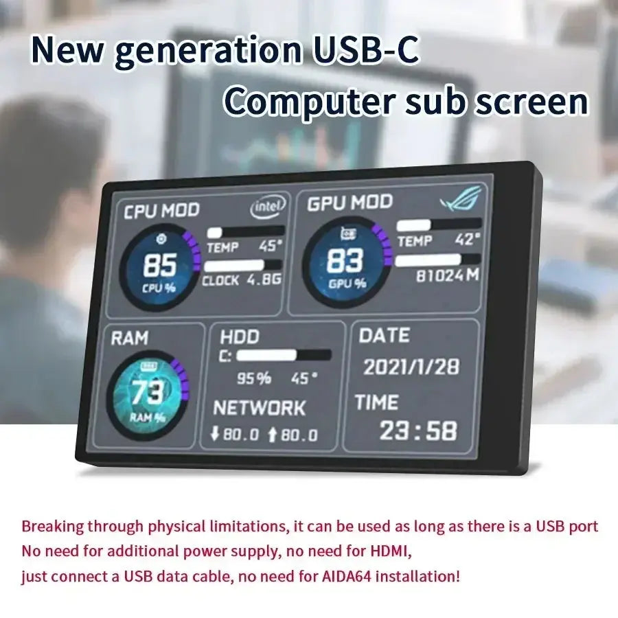 Mini 3.5 inch IPS USB Type C Secondary Screen CPU GPU RAM HDD Computer Monitor Display LCD Monitor Windows 8/10/11 Freely AIDA64 - Mega Store