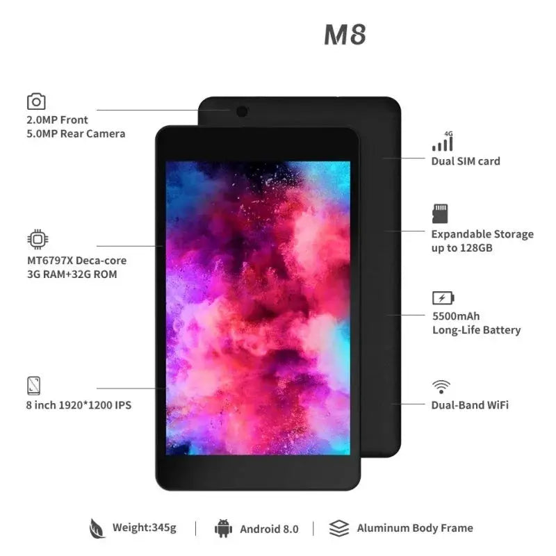 1920x1200 Pixels 8” Android 8.0 Tablet 3GB RAM 32GB ROM 10-Core MTK6797 4G Phone Call Dual SIM Card WIFI Support GPS Bluetooth - Mega Store