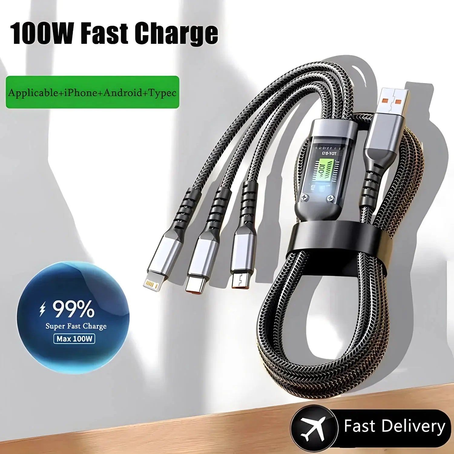 100W Fast Charging Cable Multi Charger Cable Nylon Braided Multiple USB Universal 3 in 1 Charging Cord Adapter with Type-C Micro Mega Store 4