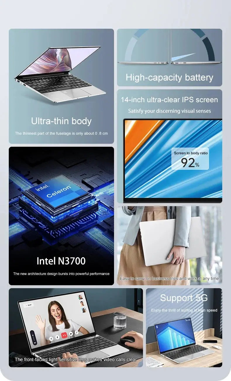 Newest 14.1" inch Mini Laptop Intel N3700 CPU 16GB RAM 2TB SSD Windows 11 Pro Original Mini Gaming PC Office Study Computer - Mega Store