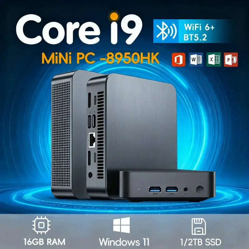 Mini PC with Intel Core i9 8950HK, 16GB RAM, 1TB SSD, Windows 11, WiFi 6+, BT5.2, compact desktop for gaming and office use
