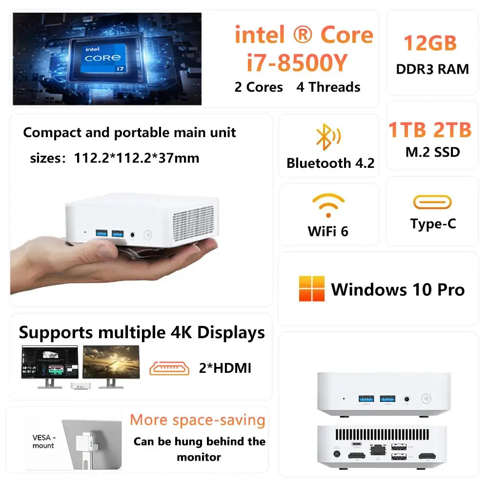 Mini PC Core i7 8500Y Windows 10 12GB LPDDR3 1TB 2TB M.2 SSD Gamer Pc 4K HD WIFI 6 BT4.2 Desktop Computer Office Gaming Pc - Mega Store