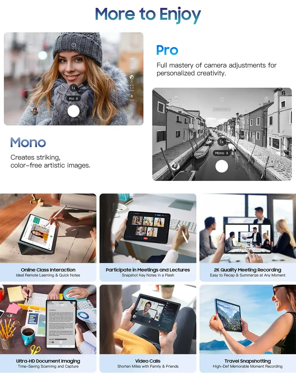 Blackview MEGA 1 Tablet with 11.5-inch 2.4K 120Hz display, 50MP+13MP cameras, 12GB RAM, 256GB storage, 8800mAh battery, and 33W fast charging shown in use for photography, meetings, video calls, and travel.