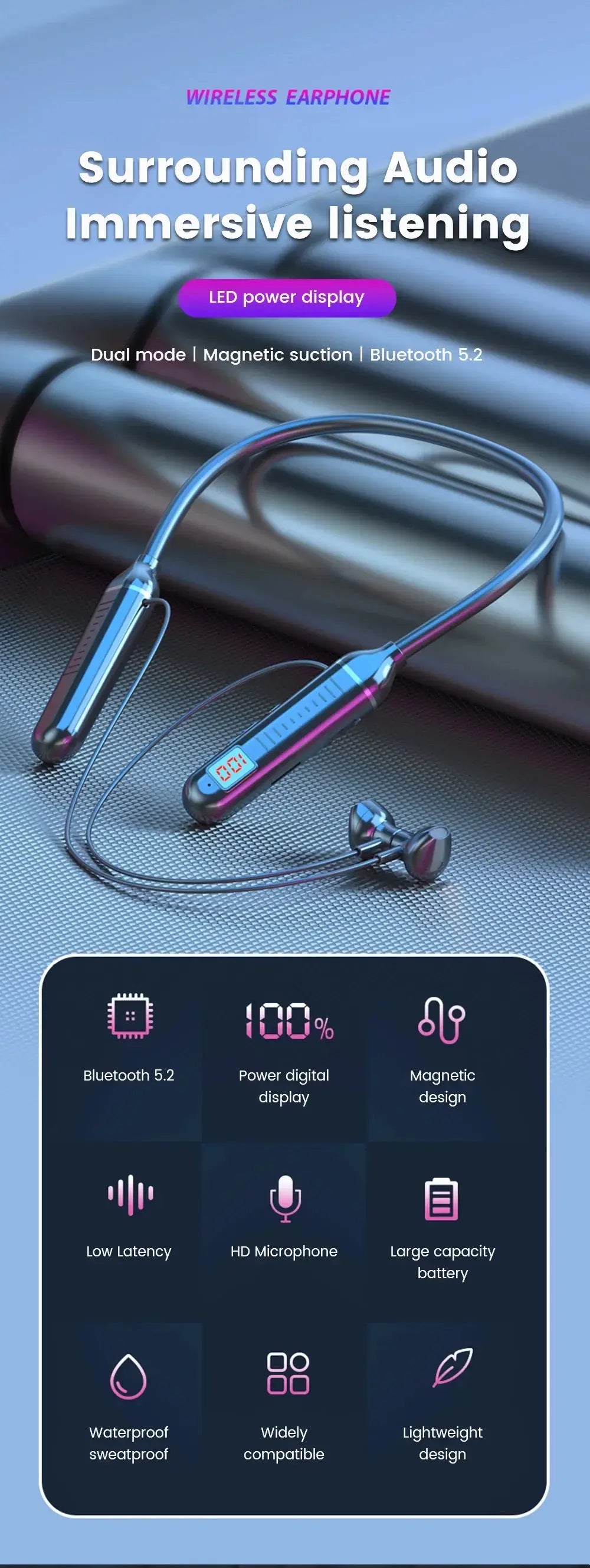 Wireless Earphones 5.3 Neckband Headphones Gaming LED Display Stereo Sports Headset Halter Waterproof Magnetic Earbuds Mega Store 4