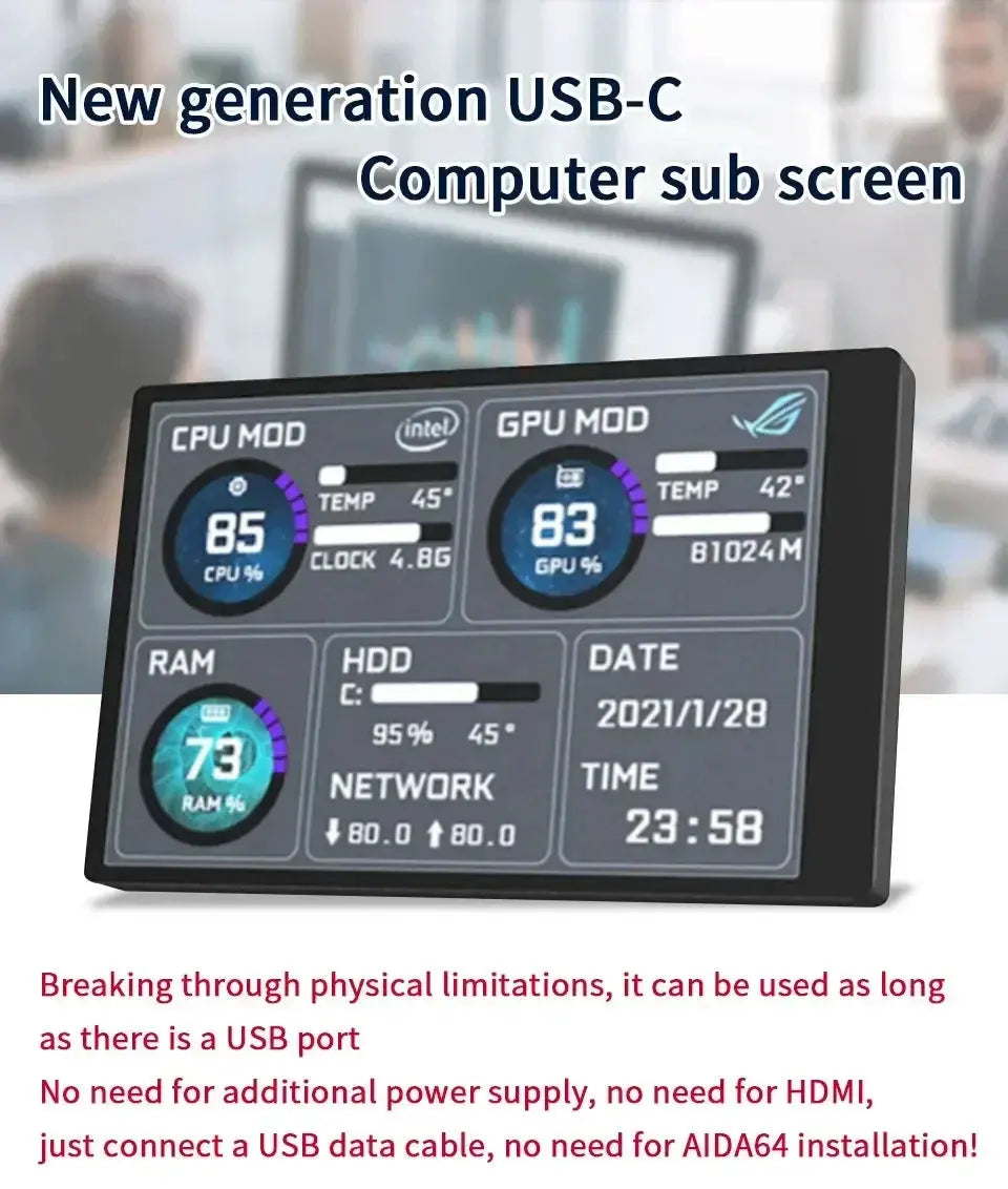 Mini 3.5 inch IPS USB Type C Secondary Screen CPU GPU RAM HDD Computer Monitor Display LCD Monitor Windows 8/10/11 Freely AIDA64 - Mega Store