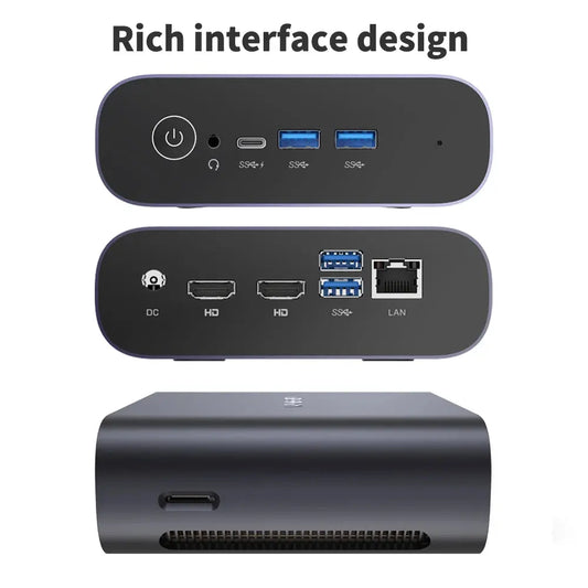 Compact black Mini PC Computer with Intel Core i5-8279U, 16GB RAM, 512GB SSD, dual 4K HDMI, USB 3.0, Type C, WiFi 5, RJ45, and Bluetooth 5.1 ports.