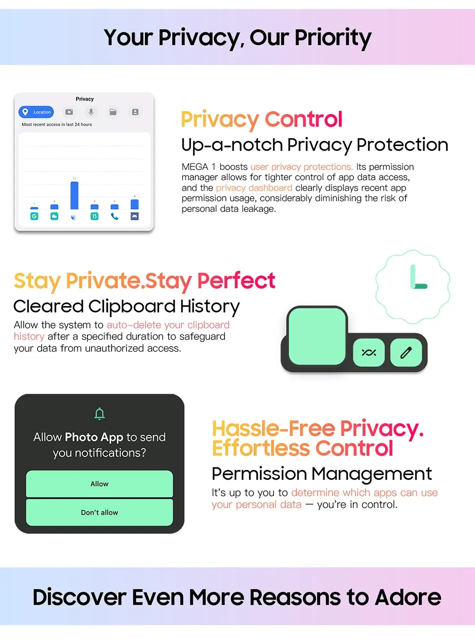 Blackview MEGA 1 Tablet privacy control features interface with permission manager and clipboard auto-delete functions