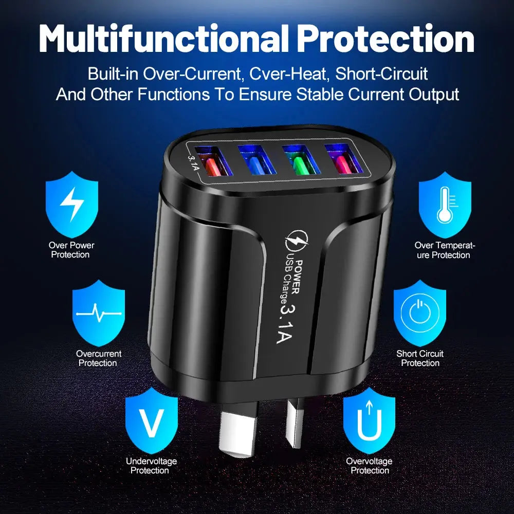 Australian USB Fast Charger AU Plug Quick Charger Mobile Phone Charger 3.1A Multiple 4 Ports USB Travel Adapter Wall Charger Mega Store 4