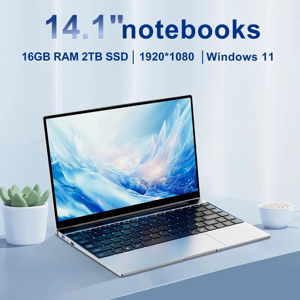 14.1 inch Mini Laptop with 16GB RAM, 2TB SSD, 1920x1080 resolution, Intel N3700 CPU, Windows 11 Pro