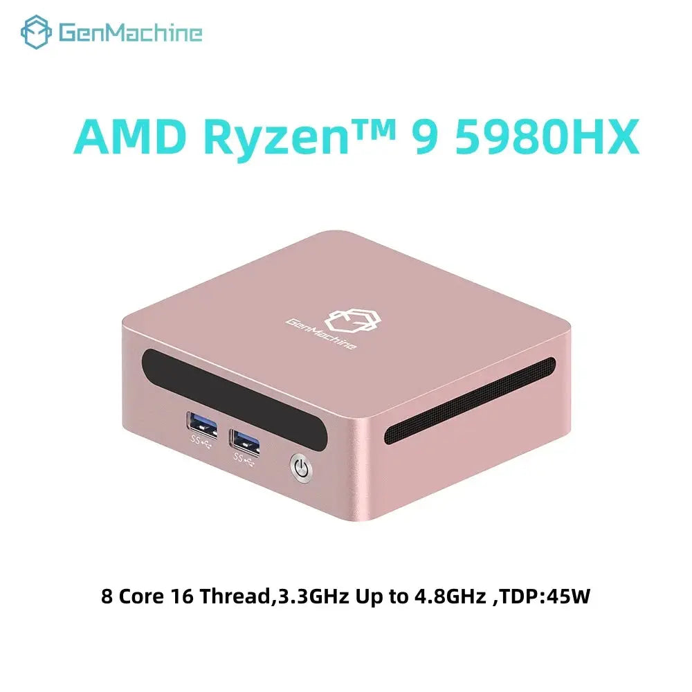 GenMachine Mini PC with AMD Ryzen 9 5980HX, 16GB RAM, 256GB SSD, Windows 11, compact pink gaming desktop
