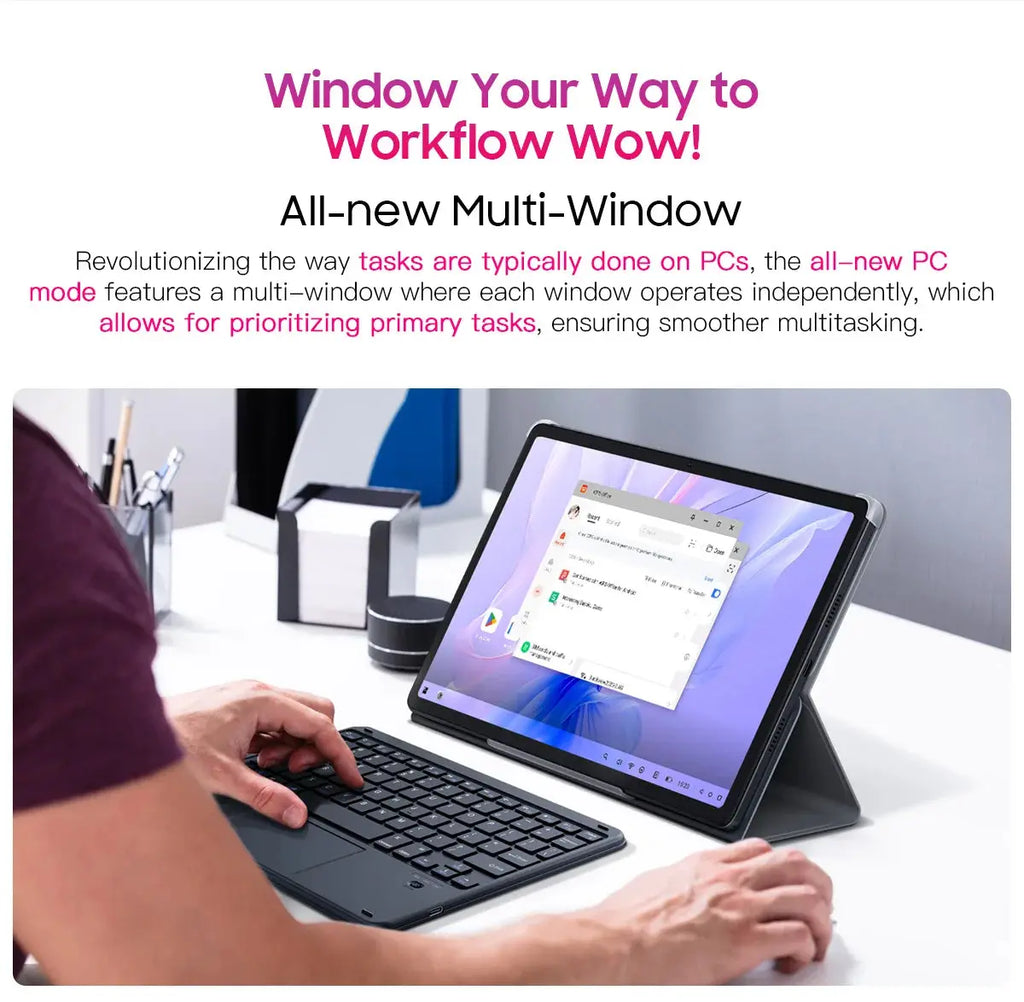 Blackview MEGA 1 Tablet showing multi-window PC mode with keyboard for smoother multitasking and workflow efficiency.